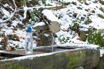 a flask near a water spring in the winter forest