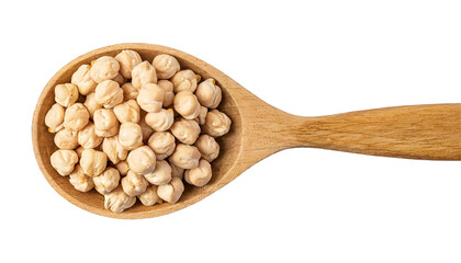 Chickpeas in wooden spoon isolated on transparent background. Top view.