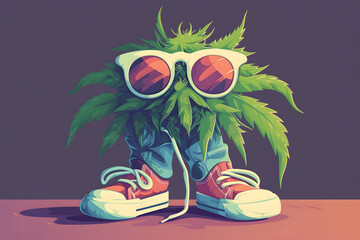 Grünes Vergnügen: Cartoon Cannabis Charakter verbreitet gute Laune und entspannte Vibes für kreative und humorvolle Gestaltung