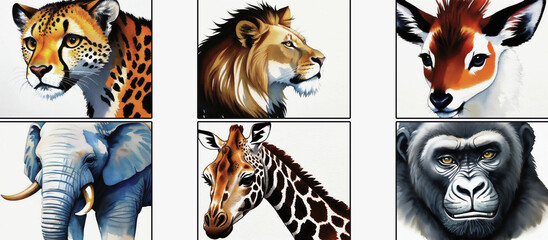 Set of various animals such as lion, cheetah, giraffe, gorilla, elephant and antelope in watercolor style on a white background