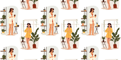 Beautiful beauty background with young beautiful women in the bathroom and houseplant, vector illustration in cartoon style