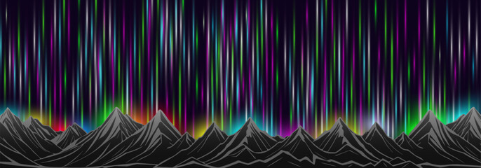 Vector wide banner. Night landscape. Mountain range with a bright colored glow. Laser beams in the sky. Magical futuristic nature.