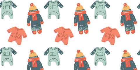 Cartoon seamless pattern with children's clothing print, vector illustration in cartoon style
