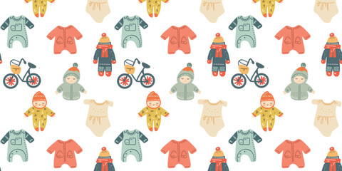 Seamless pattern of children's overalls, baby and children's bike, children's print, vector illustration in cartoon style