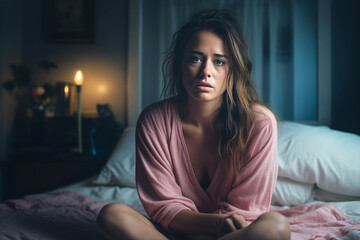 Exhausted mother sits on disheveled bed feeling very guilty about family problems. Woman struggles...