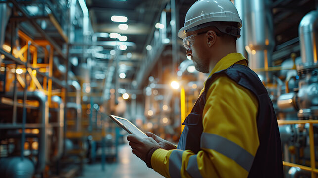 engineer in a warehouse  working on a tablet