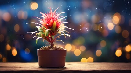 A creative shot featuring a single Bromeliad Bonsai against a blurred background, with bokeh lights accentuating the plant's unique charm.