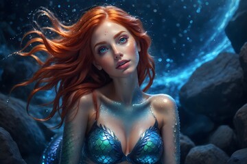 Meerjungfrau mit roten Haaren unter Wasser