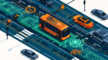 Autonomous Smart Cars on City Roads: Illustration of Future Transportation and Vehicle Safety Technology - obrazy, fototapety, plakaty