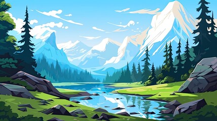 cartoon landscape mountains with snowy peaks, clear blue sky , fluffy white clouds, A lush green forest of pine trees surrounds a winding turquoise river. - obrazy, fototapety, plakaty