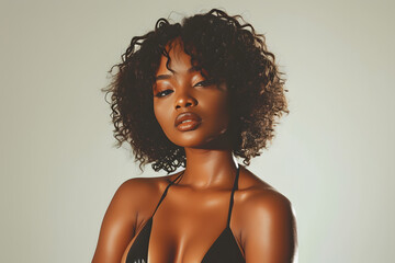 Closeup portrait of Young beautiful African American woman with curly hair in swimsuit posing