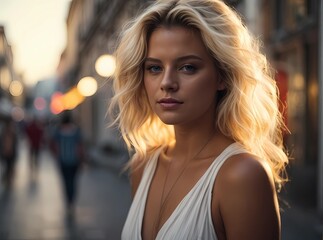 Young adult blond woman on vacation, side street with many people or tourists, fictional place like a European country. Generative AI