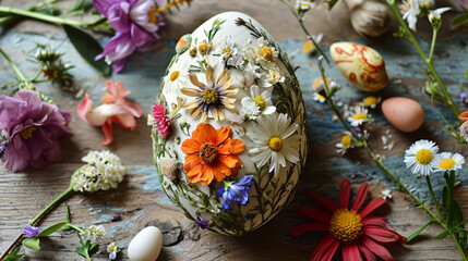 Obraz na płótnie Canvas Easter egg among flowers decorated with pressed spring flowers