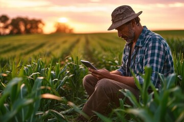 Naklejka na ściany i meble A modern farmer in a corn field using a digital tablet to review harvest and crop performance, ESG concept and application of technology in contemporary agriculture practices, Generative AI
