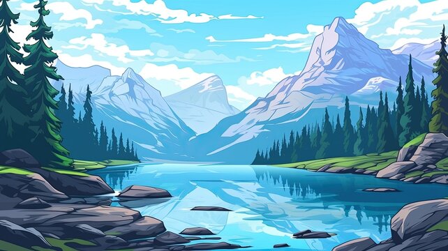 cartoon landscape mountains with snowy peaks, clear blue sky , fluffy white clouds, A lush green forest of pine trees surrounds a winding turquoise river. © chesleatsz