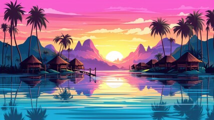 cartoon illustration  Overwater bungalows and crystal clear turquoise waters.