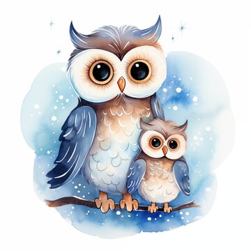 Mothers day concept, greeting card. Watercolor cute animals. Mommy blue owl with baby. Generative AI