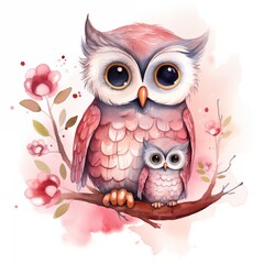 Mothers day concept, greeting card. Watercolor cute animals. Mommy pink owl with baby. Generative AI