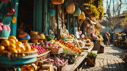 Sunny rustic Easter market scene with stalls selling fresh produce