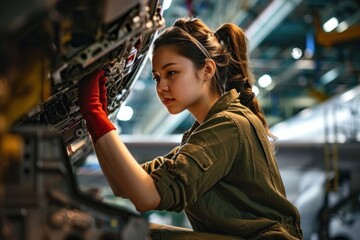 Fototapeta na wymiar A proud and confident female aerospace engineer works on an aircraft, displaying expertise in technology and electronics. Image captures a candid moment in aviation industry, Generative AI