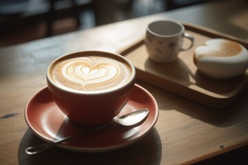 Cup with Latte Coffee. Heart shaped latte art