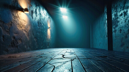 Mysterious Dark Tunnel with Illuminated Path, Eerie Underground Corridor with Old Walls and Spooky...