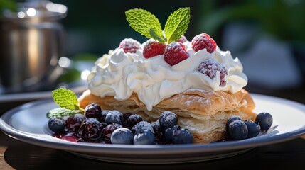 Authentic desserts with vanilla cream and raspberry and blueberry filling on puff pastry
