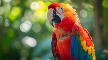 Colorful macaw parrot sitting in green tropical rainforest