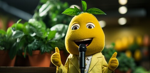 Funny pear or lemon character hosts a fruit talk show, interacting with the audience through the microphone. - obrazy, fototapety, plakaty