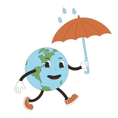 Earth walking in the rain in mascot retro style. Cute planet character going with umbrella isolated on white background. Vector globe with face running illustration