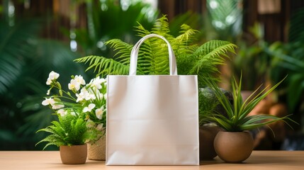 White blank cotton shopping bag mockup on black wall background with houseplants.