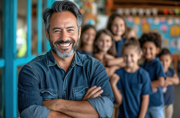 Obraz premium person with arms crossed on the school background smile with children at school