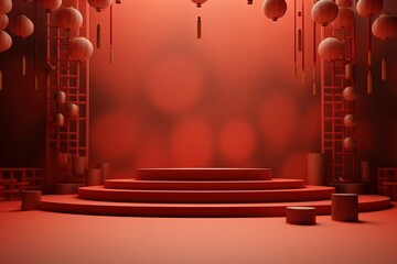 empty stage and lanterns with red background 3d rendering with generative ai - obrazy, fototapety, plakaty