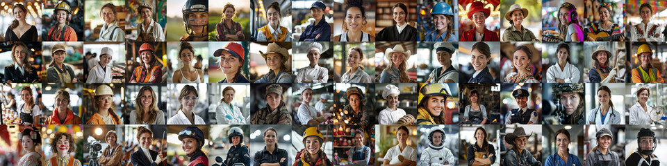 Panorama of workplace portraits of women in different professions - obrazy, fototapety, plakaty