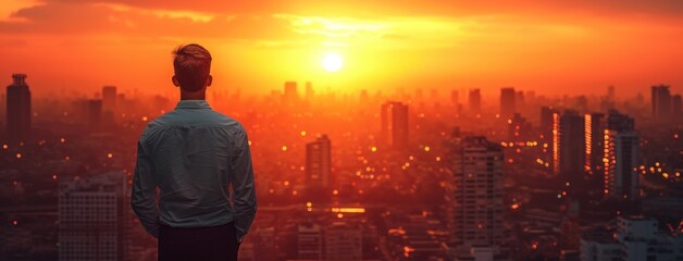 man in shirt looking into city at sunset