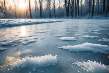 Naklejka premium A close-up view of a frozen surface with trees in the background