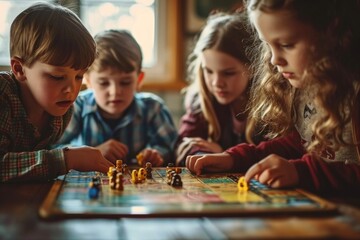 Candid group of children playing a board game, evoking nostalgia and the simple joys of childhood, Generative AI - obrazy, fototapety, plakaty