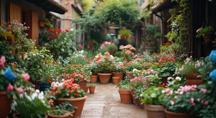 Fototapeta na wymiar garden yard with potted vegetables and flowers,