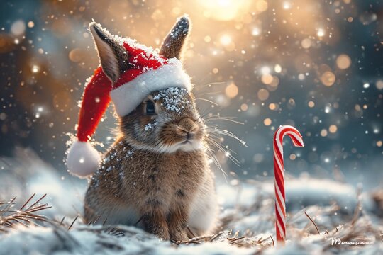 Hoppy Holidays: A Snowy Bunny in a Santa Hat Generative AI