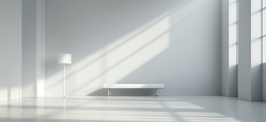 Fototapeta premium Modern white empty room with window, sunlight and shadows.