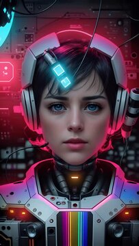 portrait futuristic female astronaut in luminous spacesuit. augmented reality, technologies future. vertical.