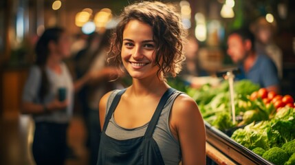 Fototapeta premium Young woman worker seller in a Vegetable section supermarket in a work apron.