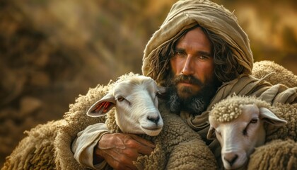 jesus is the highest in the sky with sheep in his arms