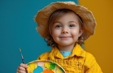 little hatwearing boy holding a palette while holding his painting tools