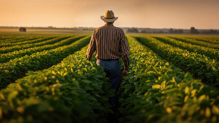 Fototapeta premium A farmer stands in a lush green soybean field, looking towards the horizon as the sun sets, symbolizing growth and agricultural sustainability.