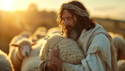 jesus is the highest in the sky with sheep in his arms, - obrazy, fototapety, plakaty