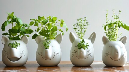 A set of ceramic planters, shaped like playful animal faces, sprouting vibrant herbs that tickle their noses,