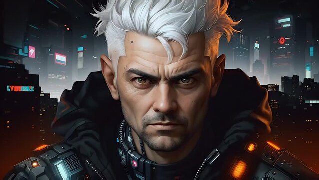 closeup portrait of cyberpunk man against background of night city. futuristic people. generative ai.