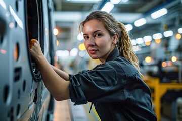 Confident female worker skillfully operating high-tech machinery in a modern automotive manufacturing setting, candid shot, Generative AI - obrazy, fototapety, plakaty