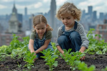 Gardening with a Twist: Two Kids Planting Vegetables in a City Garden Generative AI